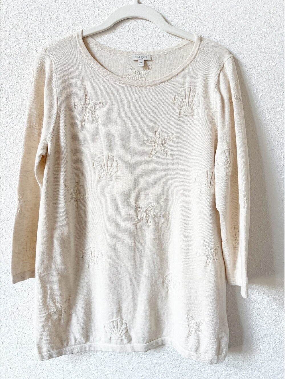 Talbots Shell Starfish Intarsia Knit Sweater Size Medium Coastal Neutral Beach